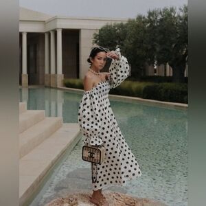 Sleeper 100% linen atlanta puffed sleeves smocked bodice midi dress, xs